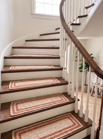 Braided Jute & Cotton Floor Rug, Terracotta Border, Boho Rustic Farmhouse Entryway Mat