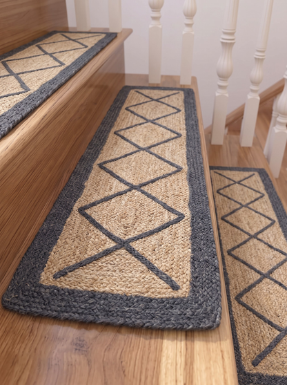 Braided Natural Jute Stair Treads, Diamond Lattice Farmhouse Stair Mats