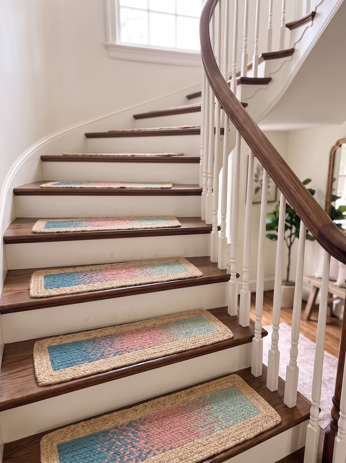 Handmade Braided Stair Treads, Sea Glass Rose Peacock Gradient Watercolor Fade Mats (Jute Border)