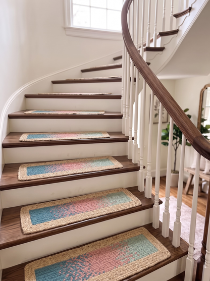 Handmade Braided Stair Treads, Sea Glass Rose Peacock Gradient Watercolor Fade Mats (Jute Border)