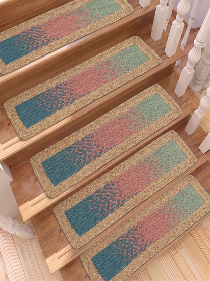 Handmade Braided Stair Treads, Sea Glass Rose Peacock Gradient Watercolor Fade Mats (Jute Border)