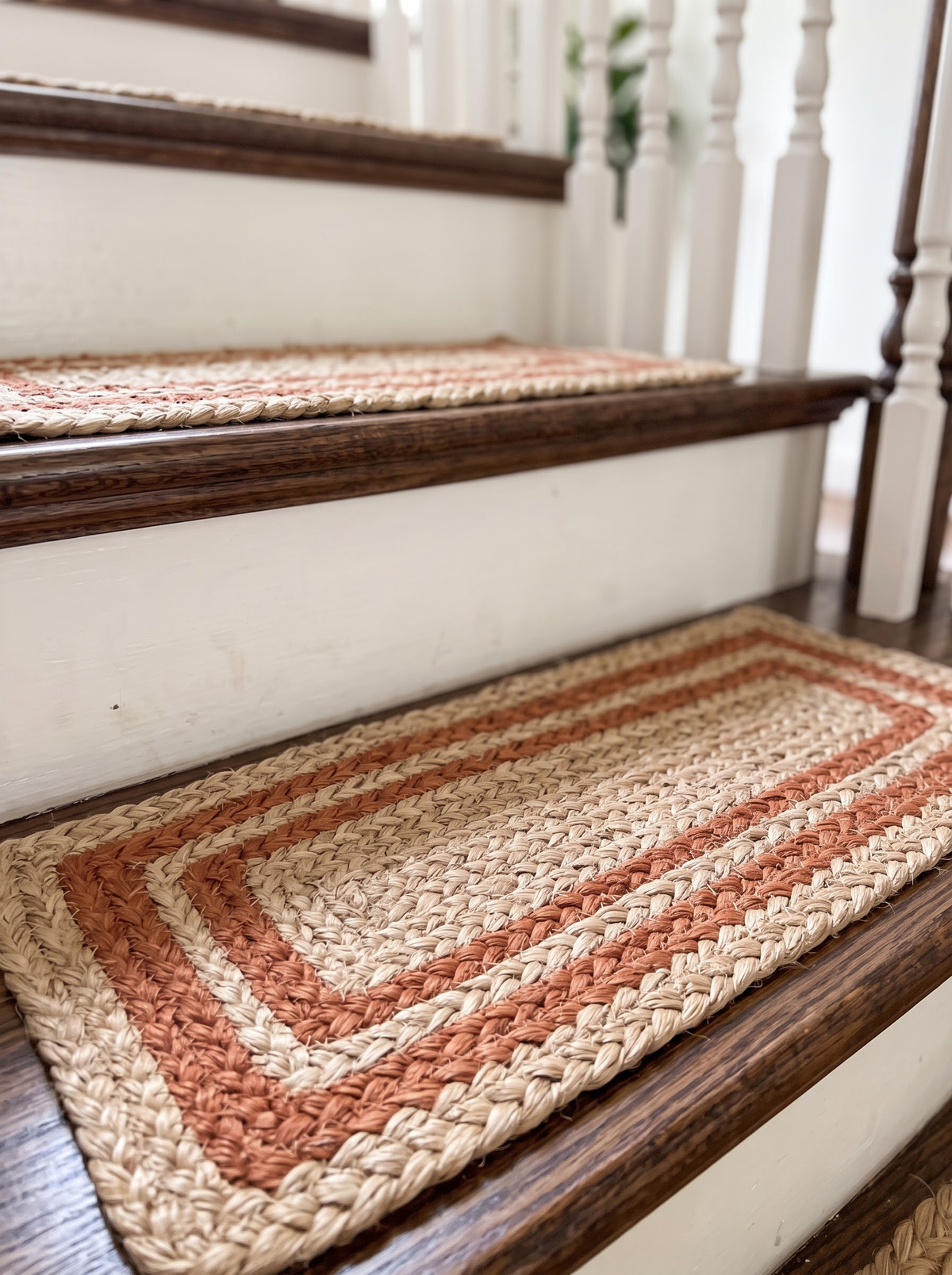 Braided Jute & Cotton Floor Rug, Terracotta Border, Boho Rustic Farmhouse Entryway Mat