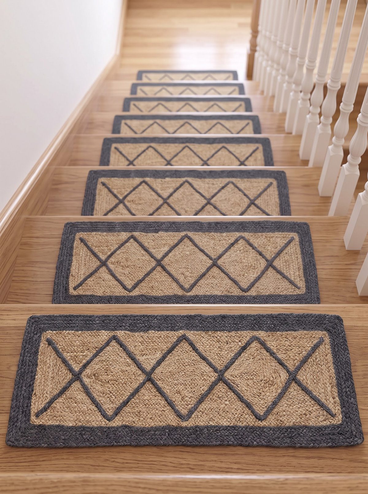 Braided Natural Jute Stair Treads, Diamond Lattice Farmhouse Stair Mats