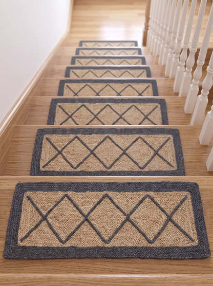 Braided Natural Jute Stair Treads, Diamond Lattice Farmhouse Stair Mats