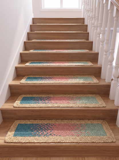 Handmade Braided Stair Treads, Sea Glass Rose Peacock Gradient Watercolor Fade Mats (Jute Border)