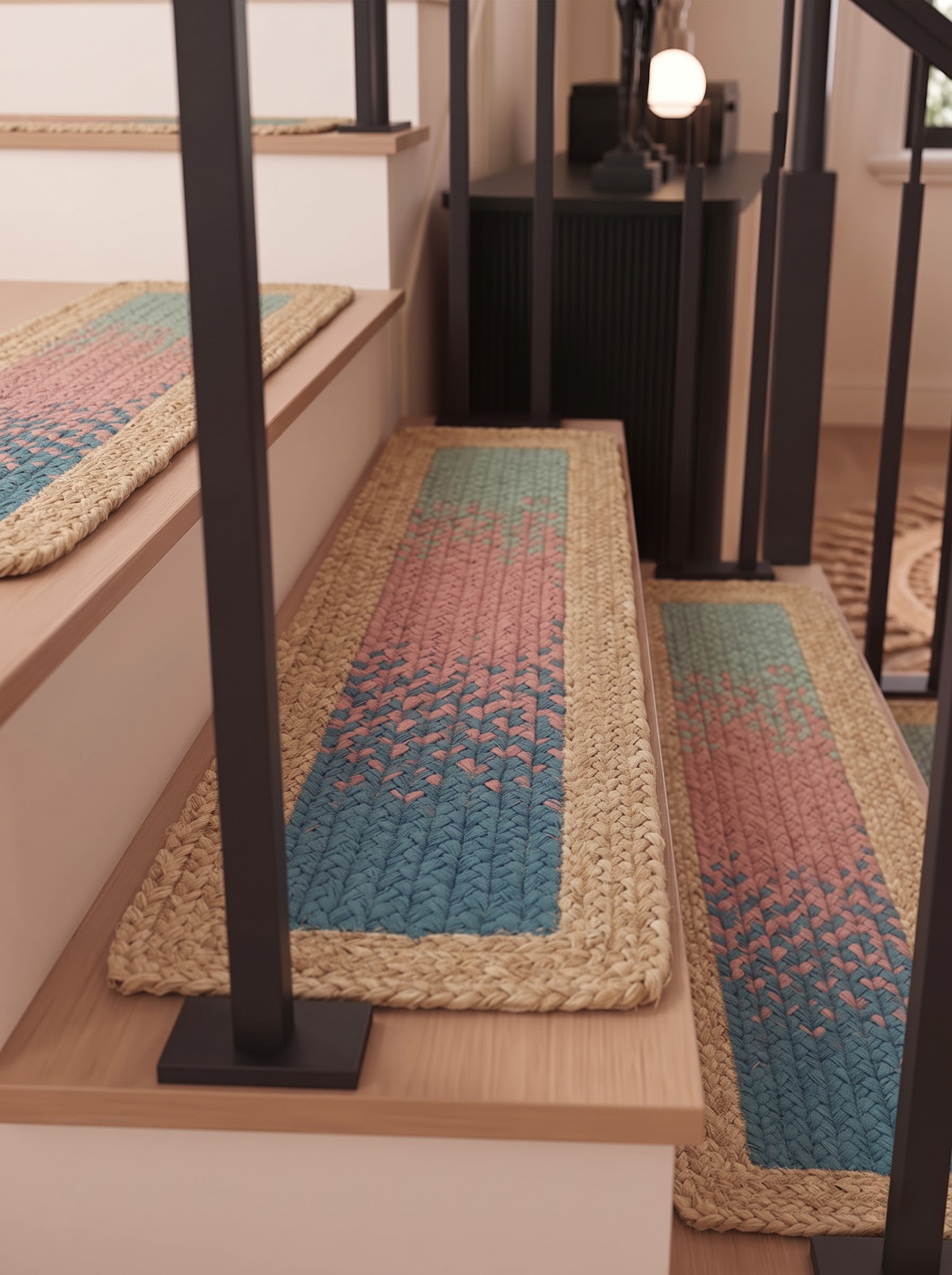 Handmade Braided Stair Treads, Sea Glass Rose Peacock Gradient Watercolor Fade Mats (Jute Border)