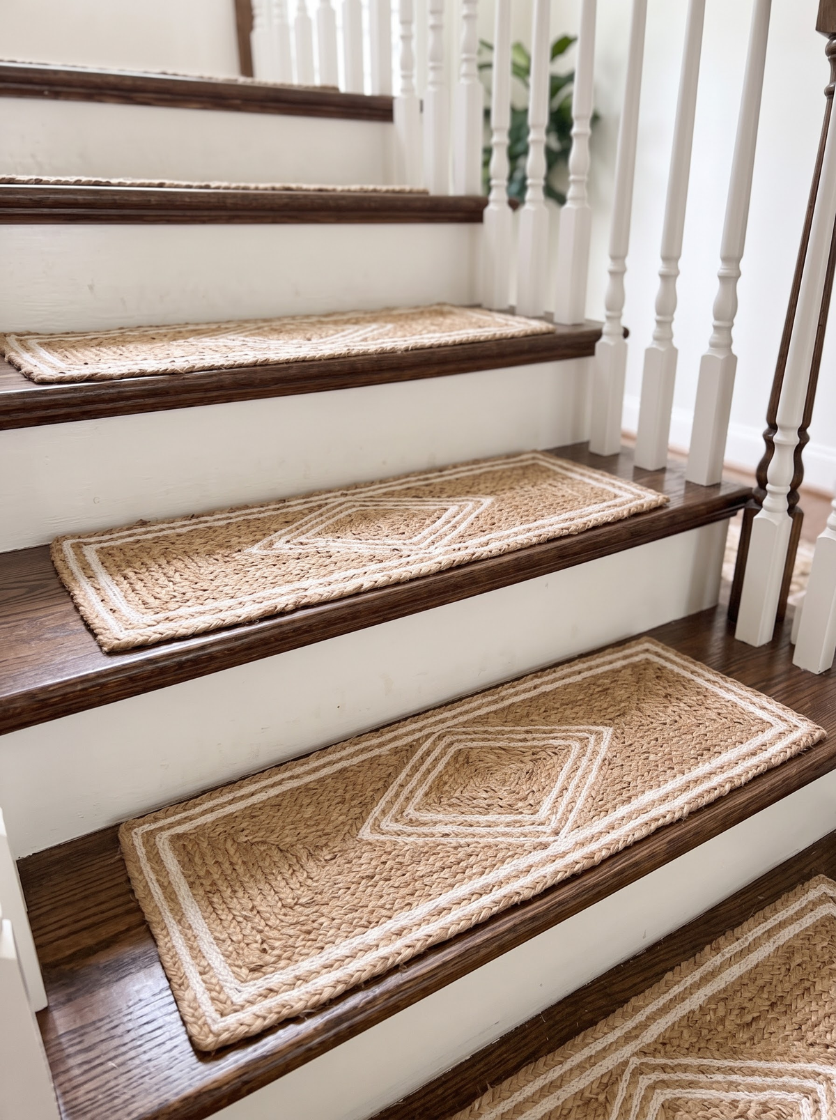 Beige & White Diamond Braided Jute Stair Treads, Farmhouse Boho Runner Step Mats