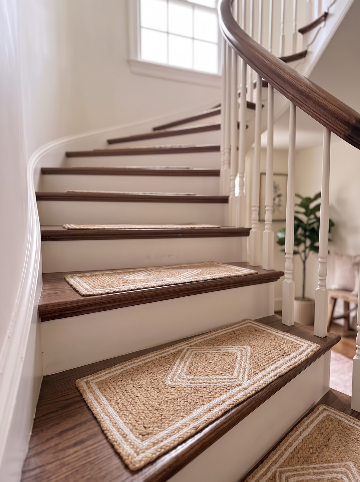 Beige & White Diamond Braided Jute Stair Treads, Farmhouse Boho Runner Step Mats