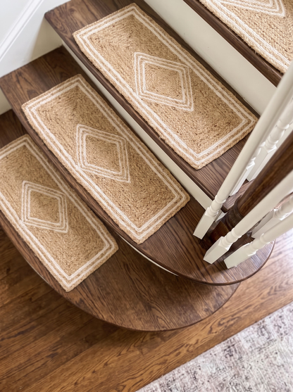 Beige & White Diamond Braided Jute Stair Treads, Farmhouse Boho Runner Step Mats