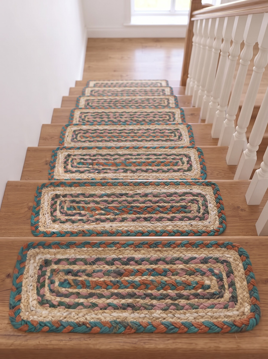 Hand Braided Jute Stair Treads, Teal Terracotta Boho Chevron Border Mats
