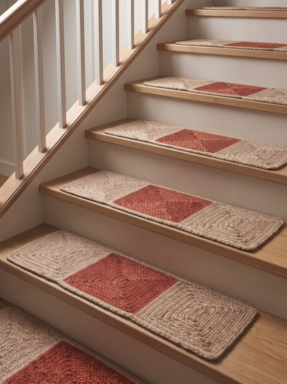 Handmade Braided Stair Treads, Brick Red Geometric Center, Farmhouse Step Mats