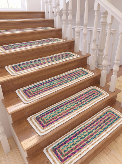 Hand Braided Jute Stair Treads, Multicolor Chindi Border, Boho Staircase Step Mats