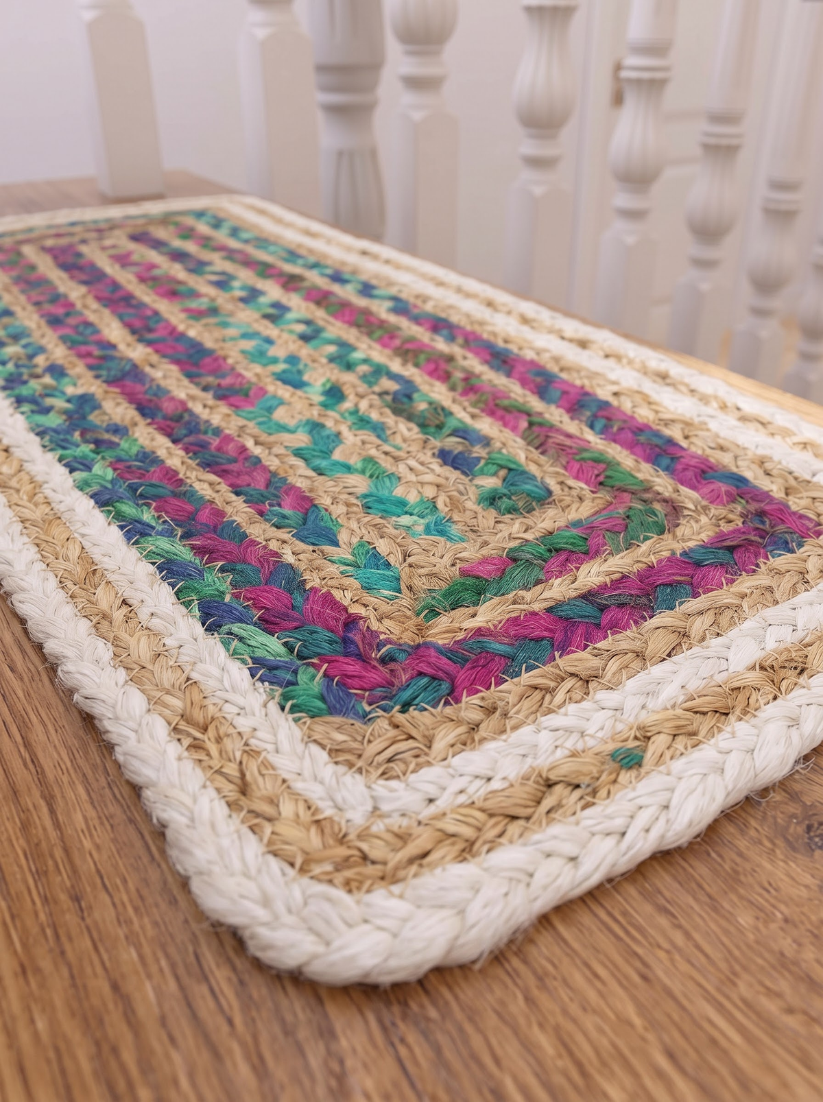 Hand Braided Jute Stair Treads, Multicolor Chindi Border, Boho Staircase Step Mats