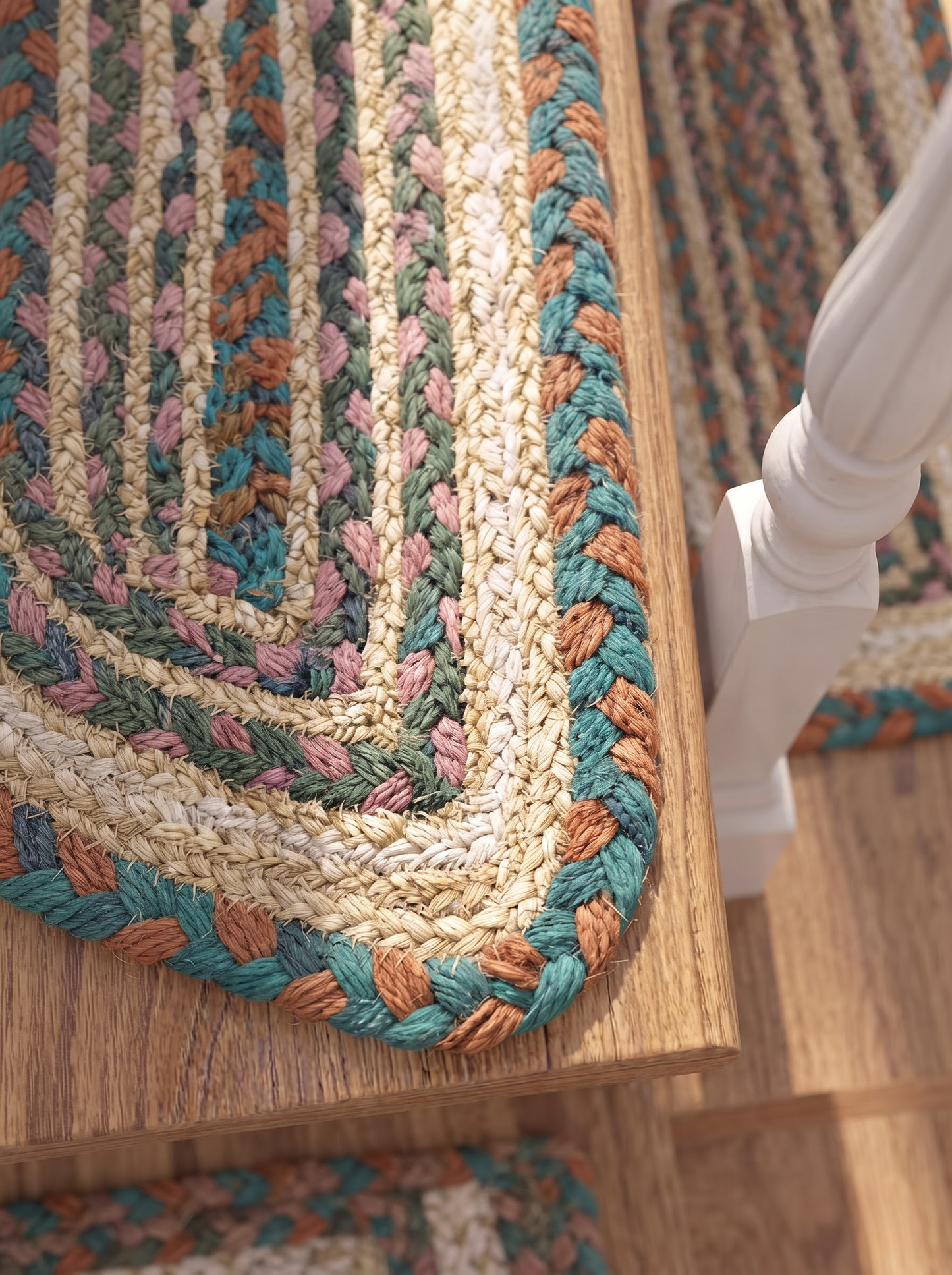 Hand Braided Jute Stair Treads, Teal Terracotta Boho Chevron Border Mats