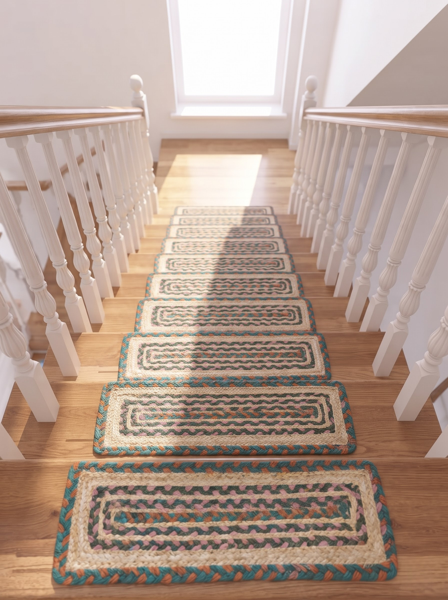 Hand Braided Jute Stair Treads, Teal Terracotta Boho Chevron Border Mats