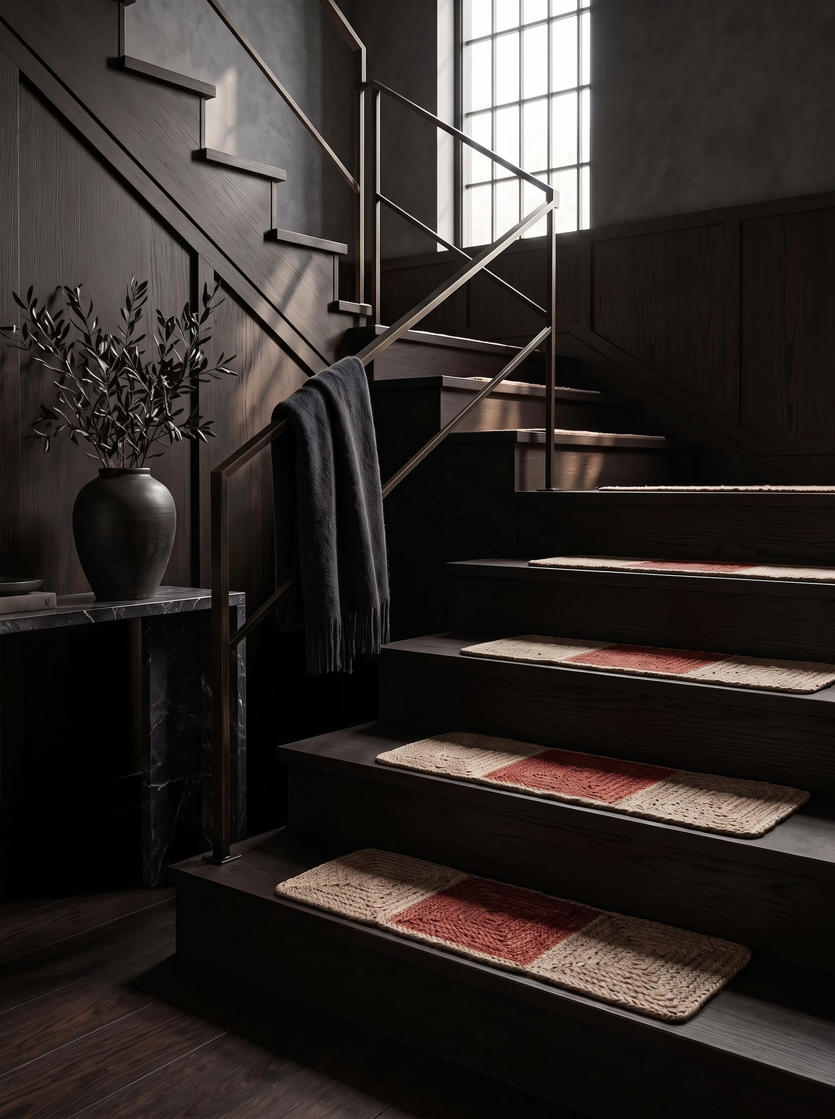 Handmade Braided Stair Treads, Brick Red Geometric Center, Farmhouse Step Mats