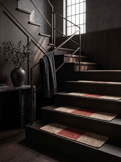 Handmade Braided Stair Treads, Brick Red Geometric Center, Farmhouse Step Mats