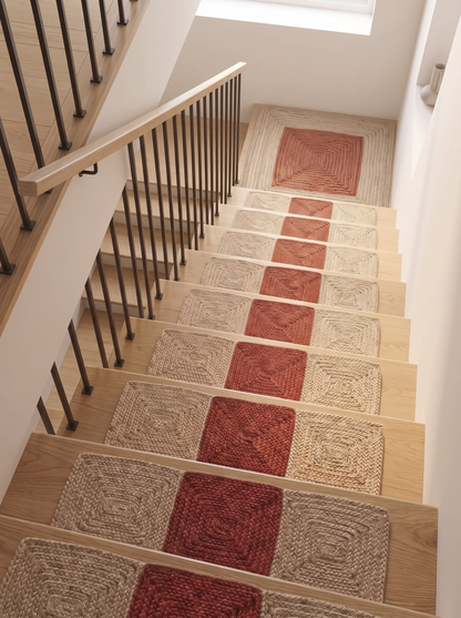Handmade Braided Stair Treads, Brick Red Geometric Center, Farmhouse Step Mats