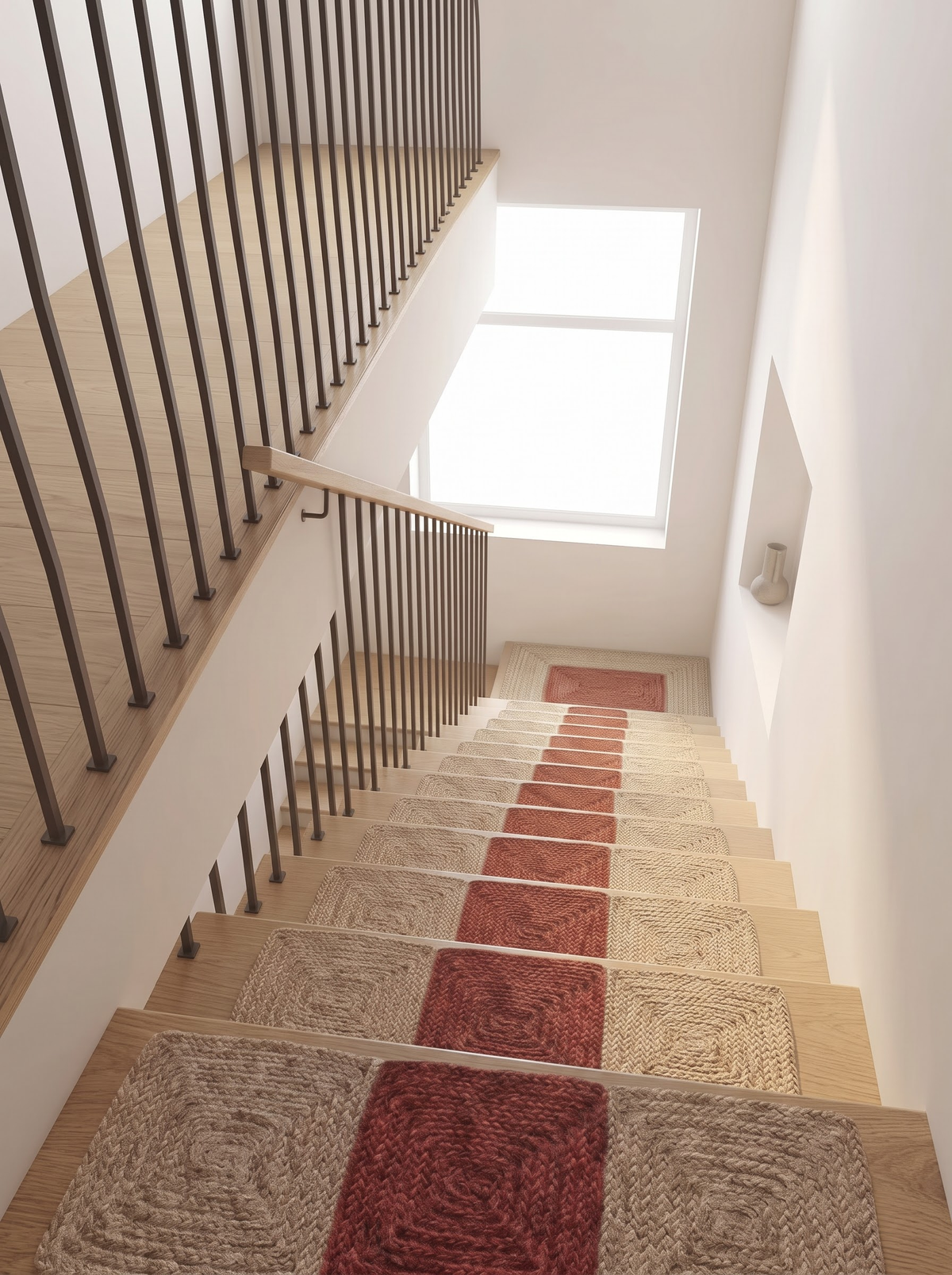 Handmade Braided Stair Treads, Brick Red Geometric Center, Farmhouse Step Mats