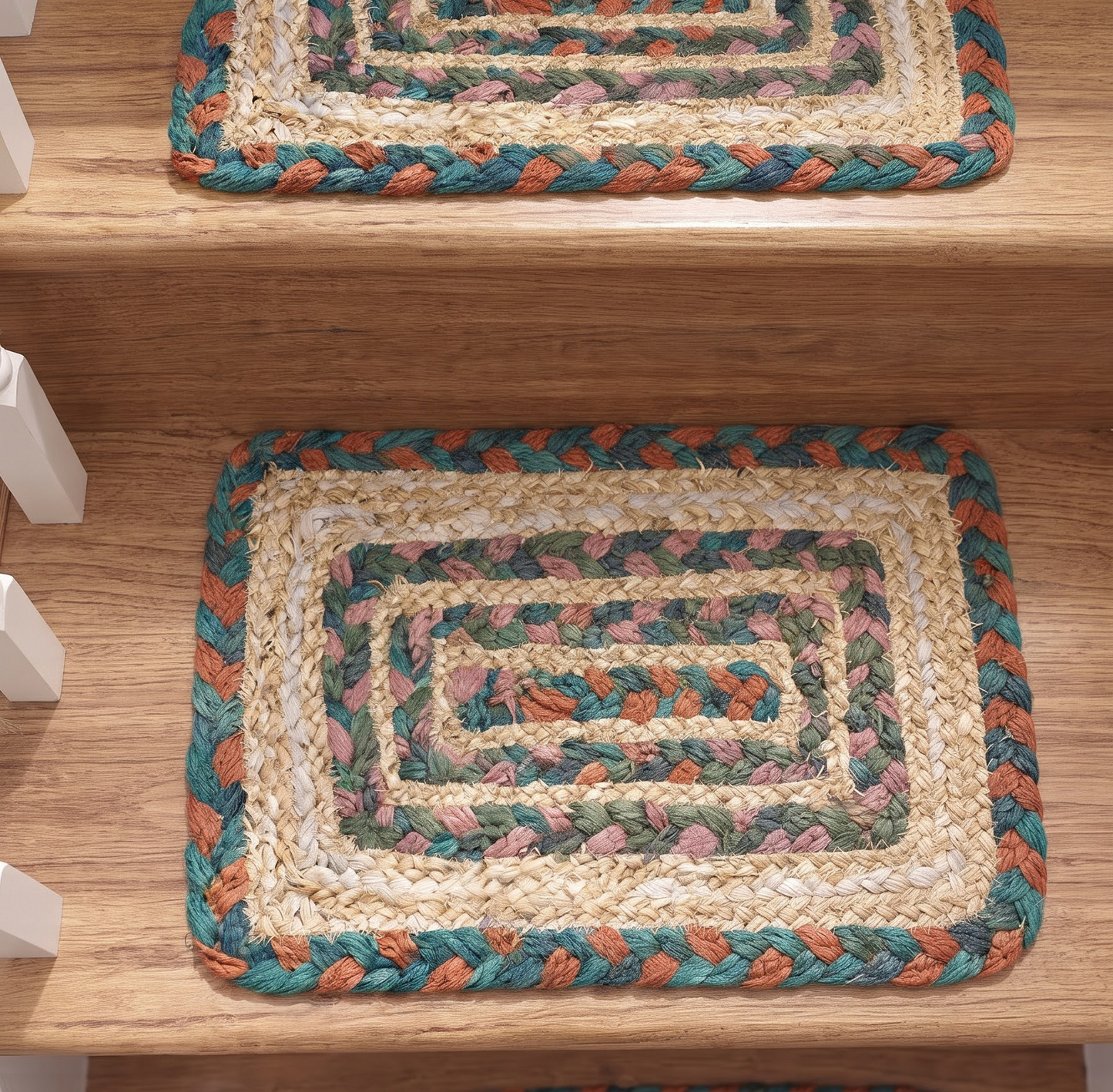 Hand Braided Jute Stair Treads, Teal Terracotta Boho Chevron Border Mats