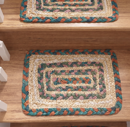 Hand Braided Jute Stair Treads, Teal Terracotta Boho Chevron Border Mats