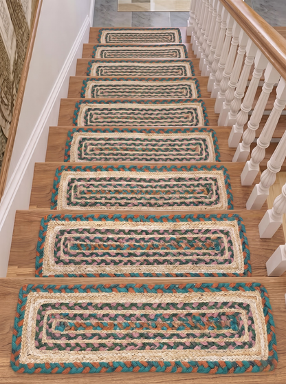 Hand Braided Jute Stair Treads, Teal Terracotta Boho Chevron Border Mats