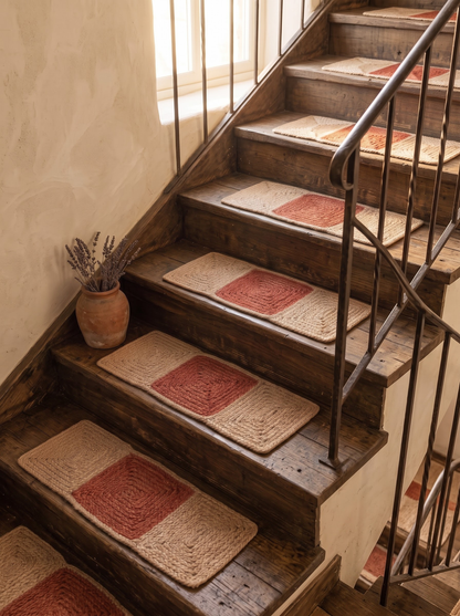 Handmade Braided Stair Treads, Brick Red Geometric Center, Farmhouse Step Mats