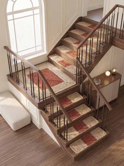 Handmade Braided Stair Treads, Brick Red Geometric Center, Farmhouse Step Mats