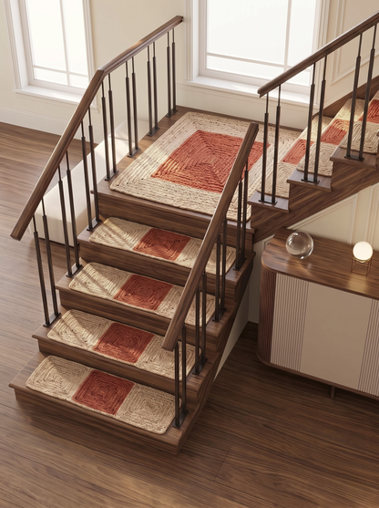 Handmade Braided Stair Treads, Brick Red Geometric Center, Farmhouse Step Mats