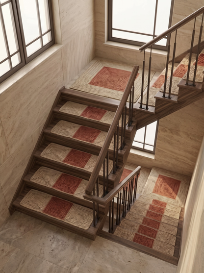 Handmade Braided Stair Treads, Brick Red Geometric Center, Farmhouse Step Mats