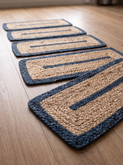 Hand Braided Jute Stair Treads, Navy Border Coastal Farmhouse Runner Mat