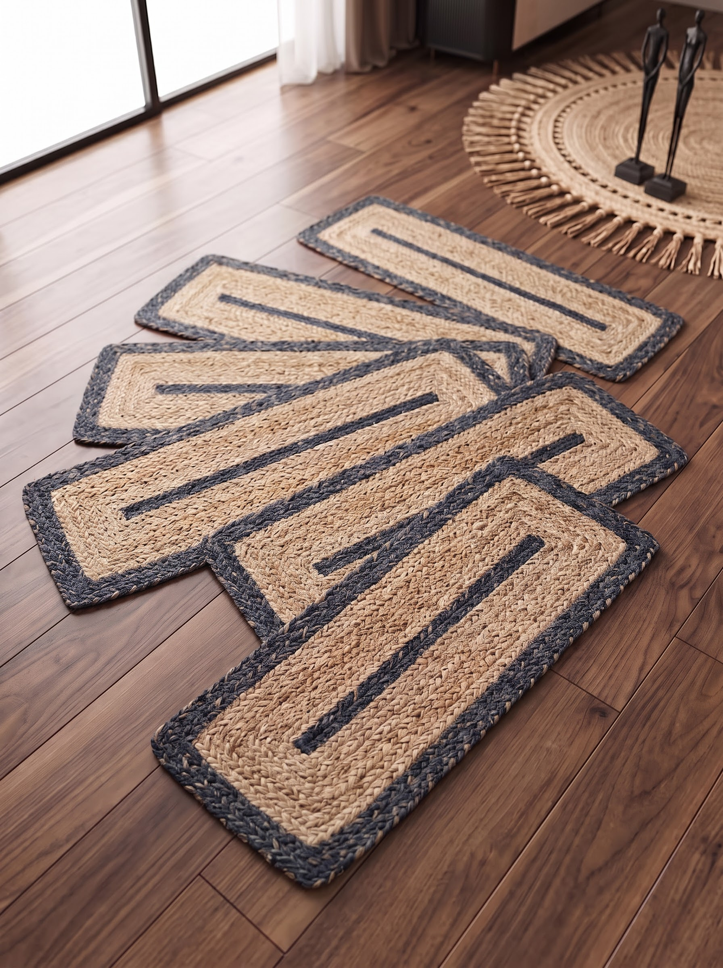 Hand Braided Jute Stair Treads, Navy Border Coastal Farmhouse Runner Mat
