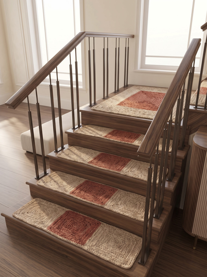Handmade Braided Stair Treads, Brick Red Geometric Center, Farmhouse Step Mats