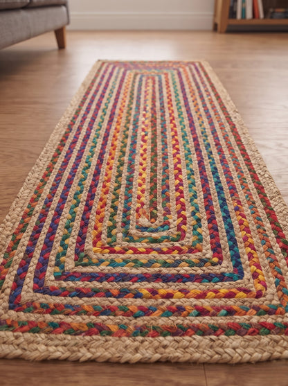 Multicolor Boho Jute Stair Treads | Hand Braided Runner, Recycled Cotton Hallway Rug