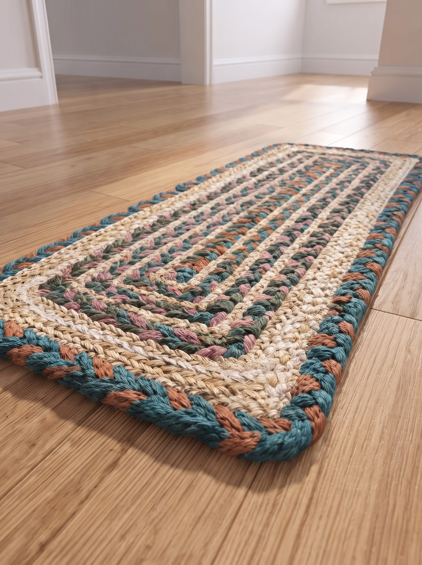 Hand Braided Jute Stair Treads, Teal Terracotta Boho Chevron Border Mats
