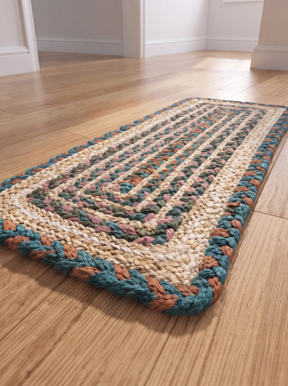 Hand Braided Jute Stair Treads, Teal Terracotta Boho Chevron Border Mats