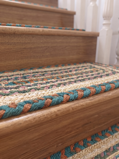 Hand Braided Jute Stair Treads, Teal Terracotta Boho Chevron Border Mats