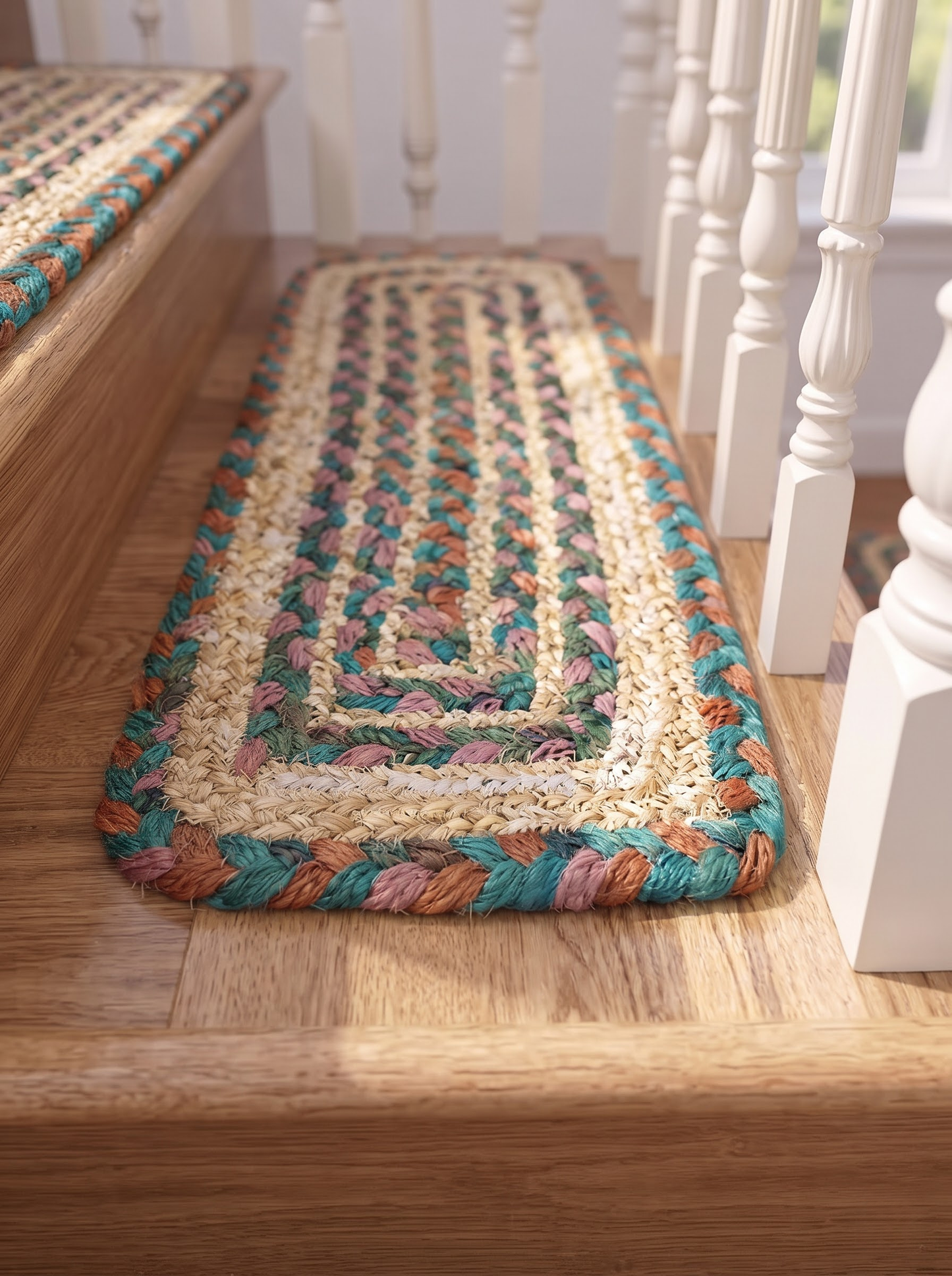Hand Braided Jute Stair Treads, Teal Terracotta Boho Chevron Border Mats