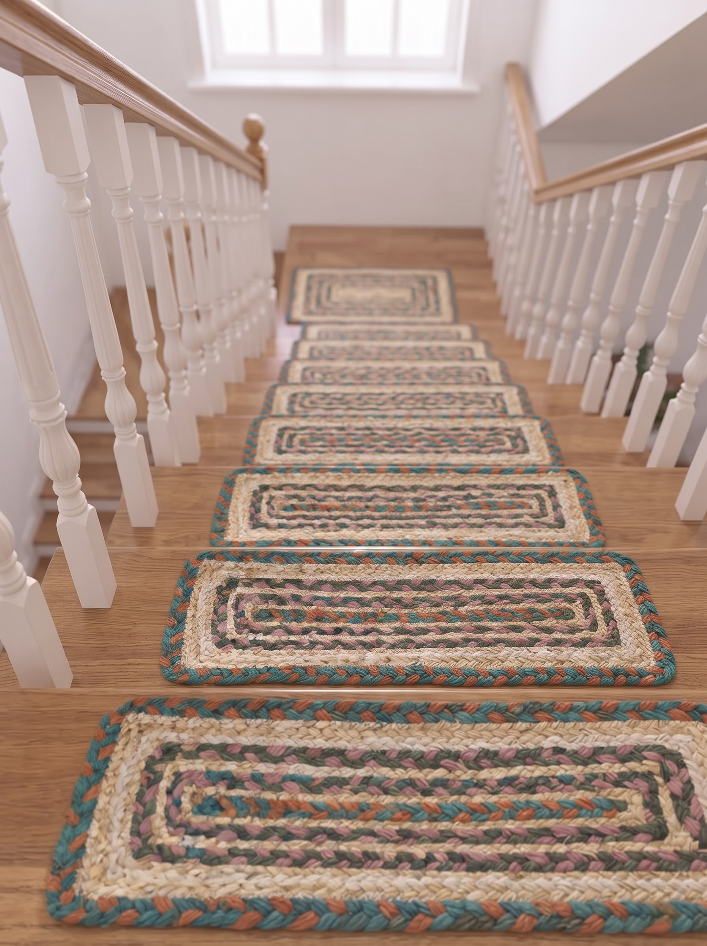 Hand Braided Jute Stair Treads, Teal Terracotta Boho Chevron Border Mats