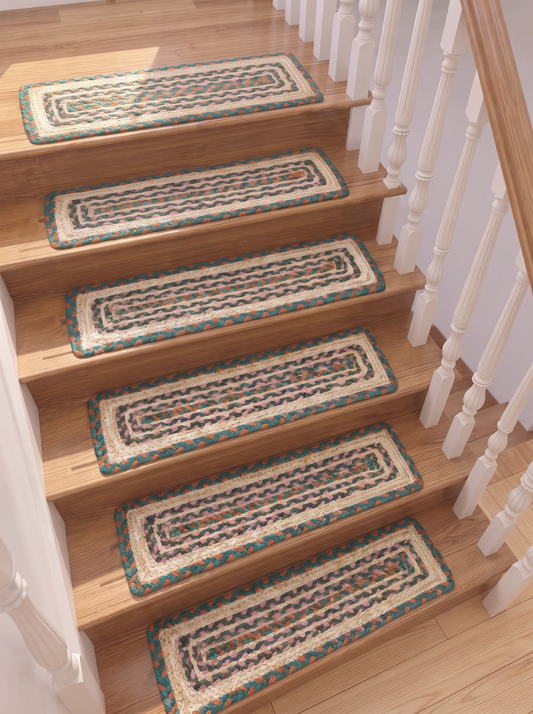 Hand Braided Jute Stair Treads, Teal Terracotta Boho Chevron Border Mats