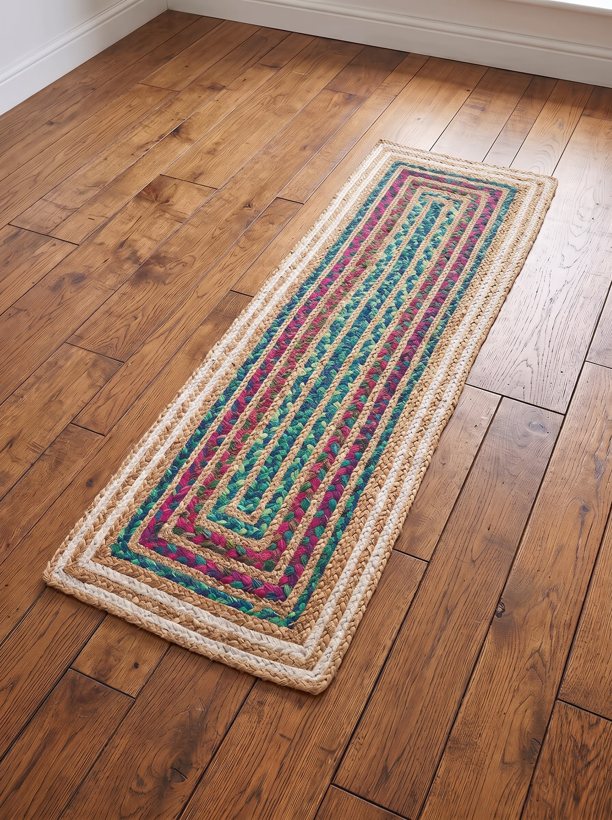 Hand Braided Jute Stair Treads, Multicolor Chindi Border, Boho Staircase Step Mats