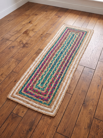 Hand Braided Jute Stair Treads, Multicolor Chindi Border, Boho Staircase Step Mats