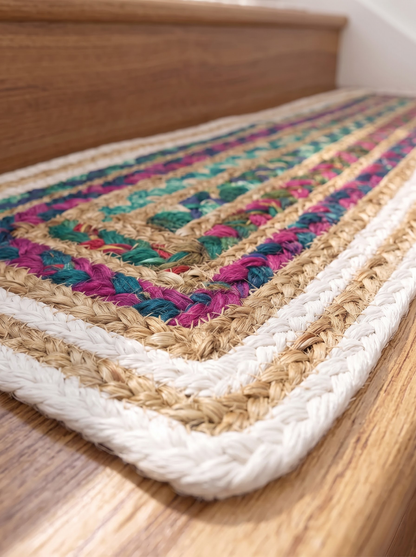 Hand Braided Jute Stair Treads, Multicolor Chindi Border, Boho Staircase Step Mats
