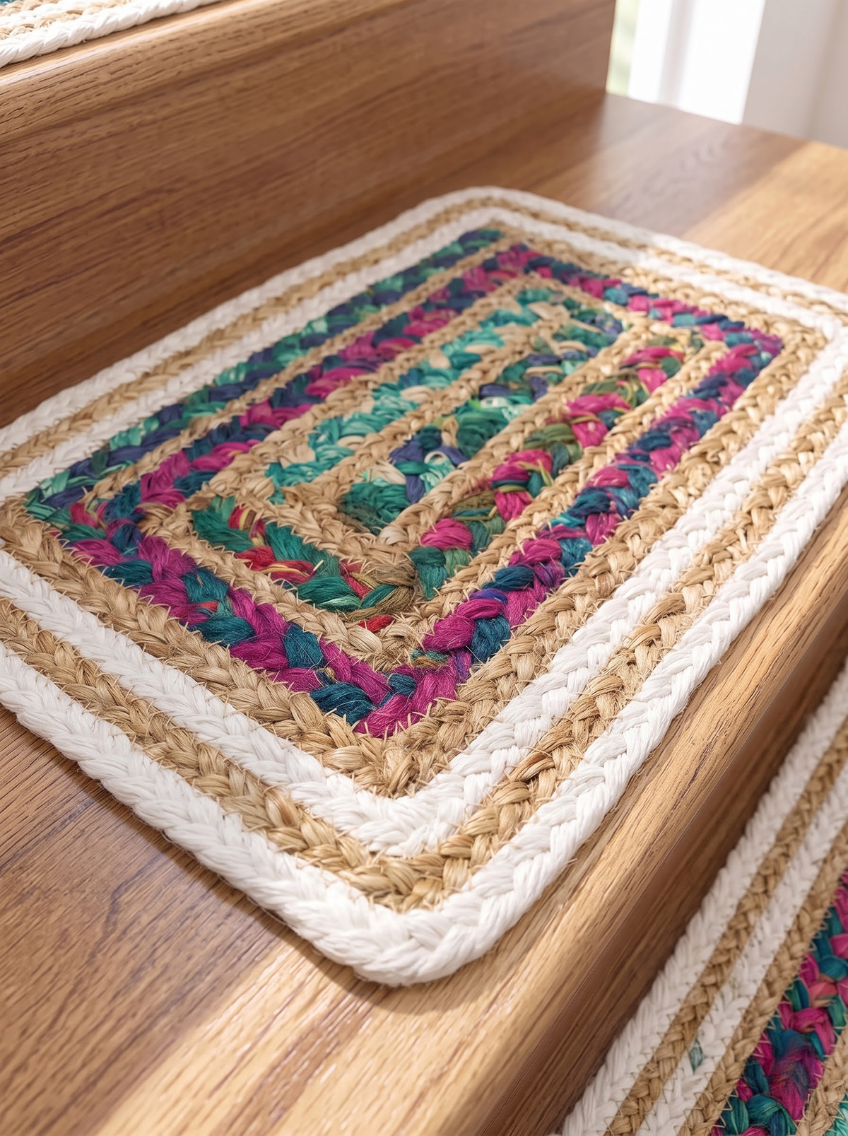 Hand Braided Jute Stair Treads, Multicolor Chindi Border, Boho Staircase Step Mats