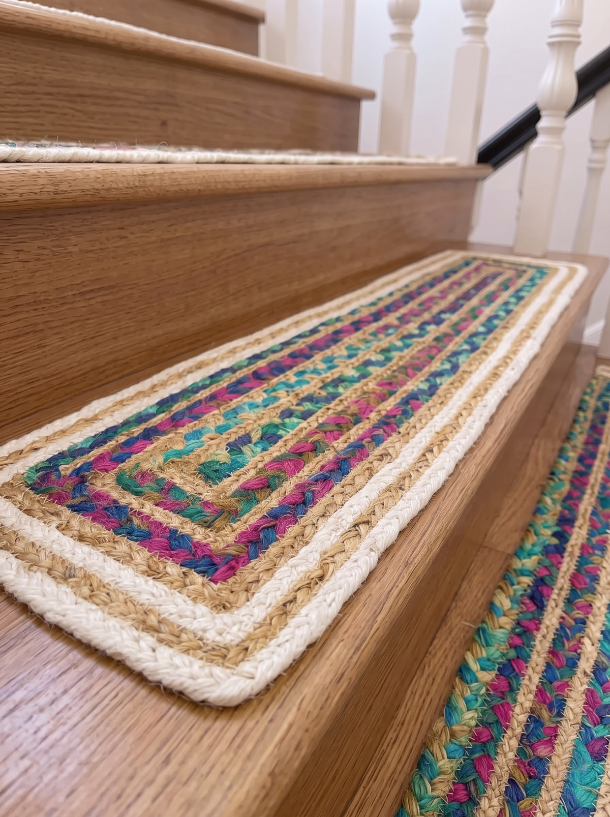 Hand Braided Jute Stair Treads, Multicolor Chindi Border, Boho Staircase Step Mats