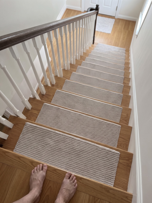Handmade Corduroy Ribbed Stair Treads, Greige Silver Pile, Luxury Step Mats