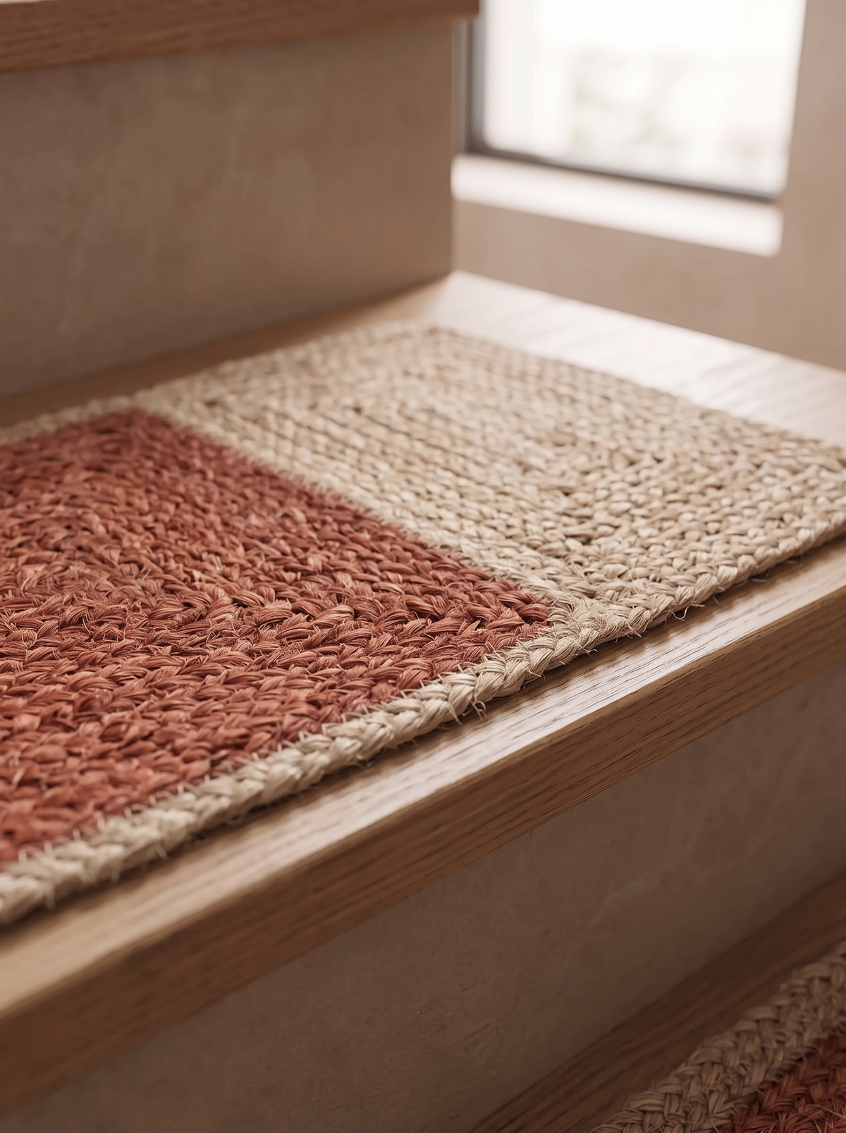 Handmade Braided Stair Treads, Brick Red Geometric Center, Farmhouse Step Mats