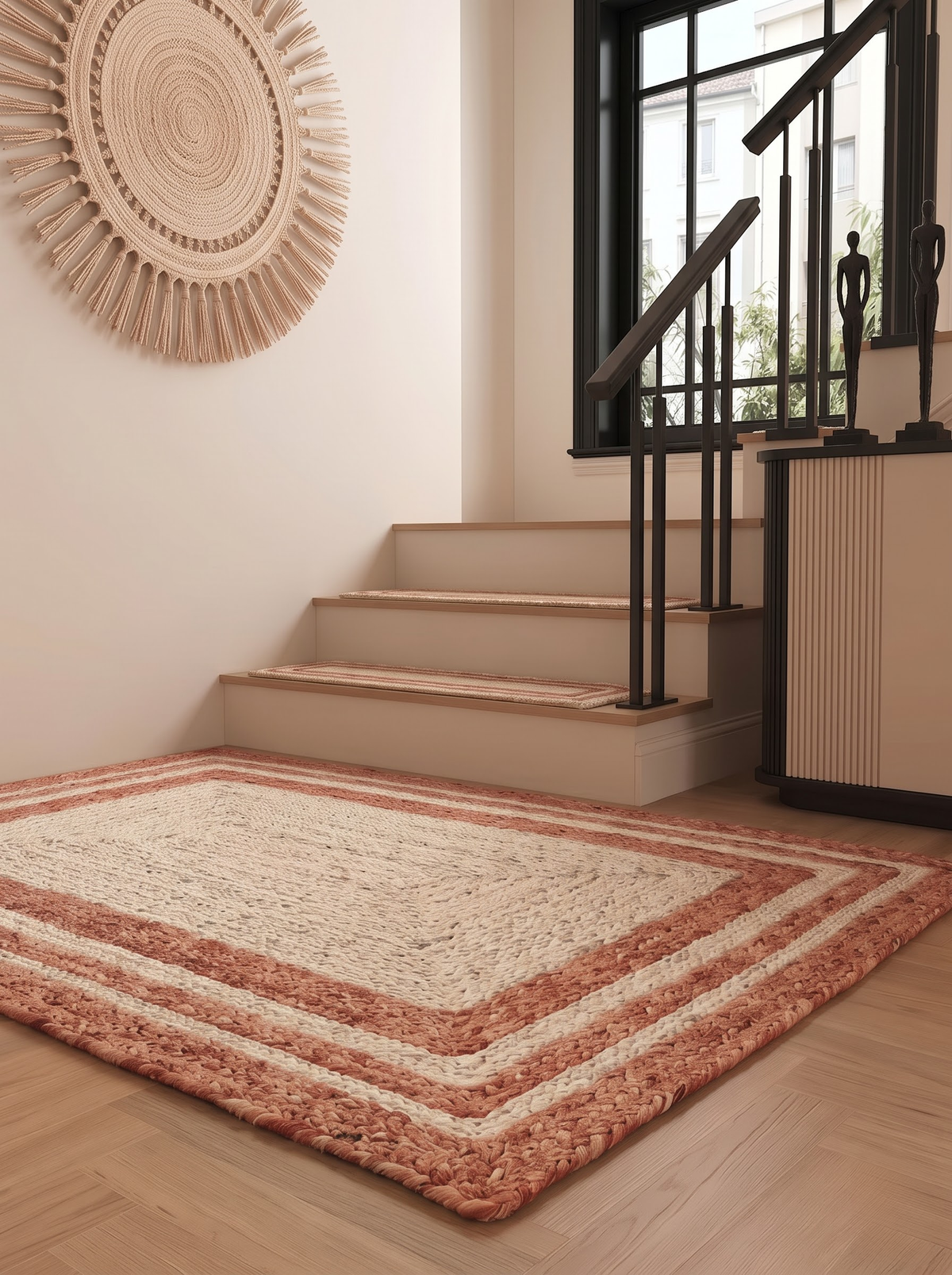 Boho Terracotta Border Braided Jute & Cotton Rug Rustic Farmhouse Entryway & Accent Mat
