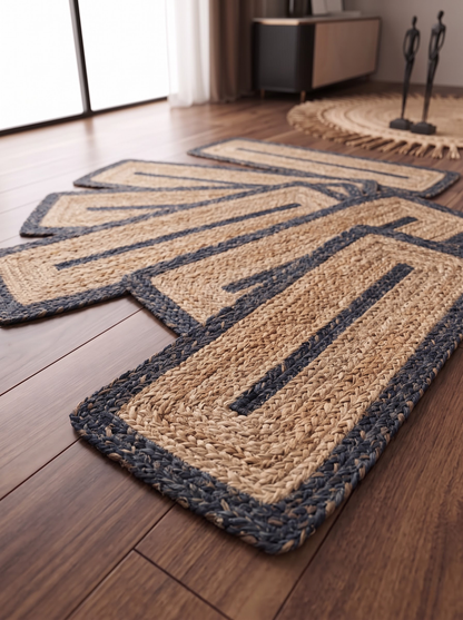 Hand Braided Jute Stair Treads, Navy Border Coastal Farmhouse Runner Mat