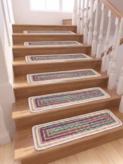Hand Braided Jute Stair Treads, Multicolor Chindi Border, Boho Staircase Step Mats
